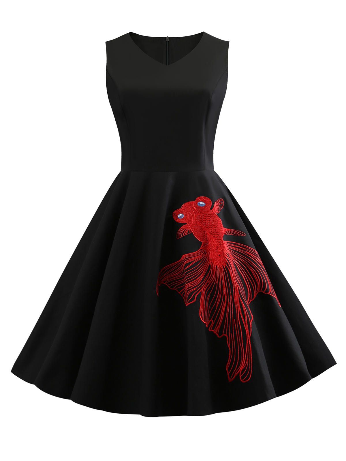

V Neck Goldfish Embroidery Vintage Dress, Black