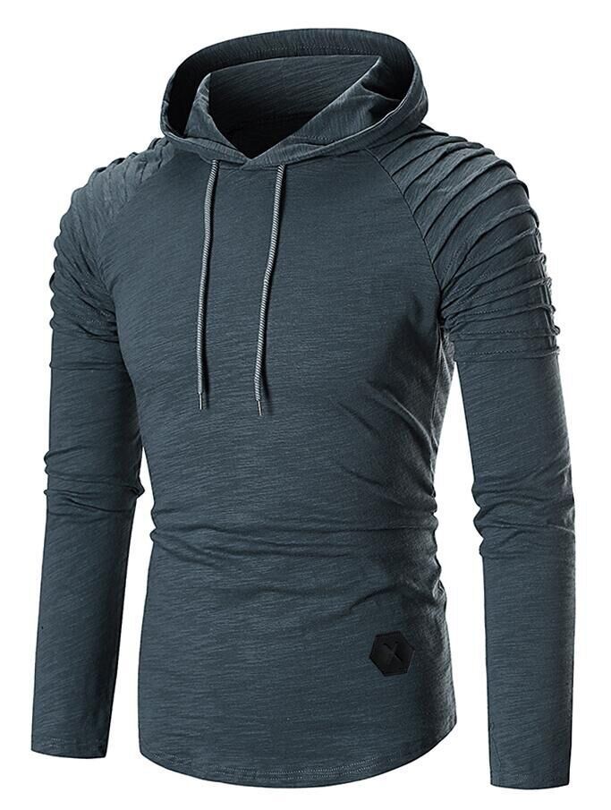 

Pleated Raglan Sleeve Hem Curved Hooded Tee, Cadetblue