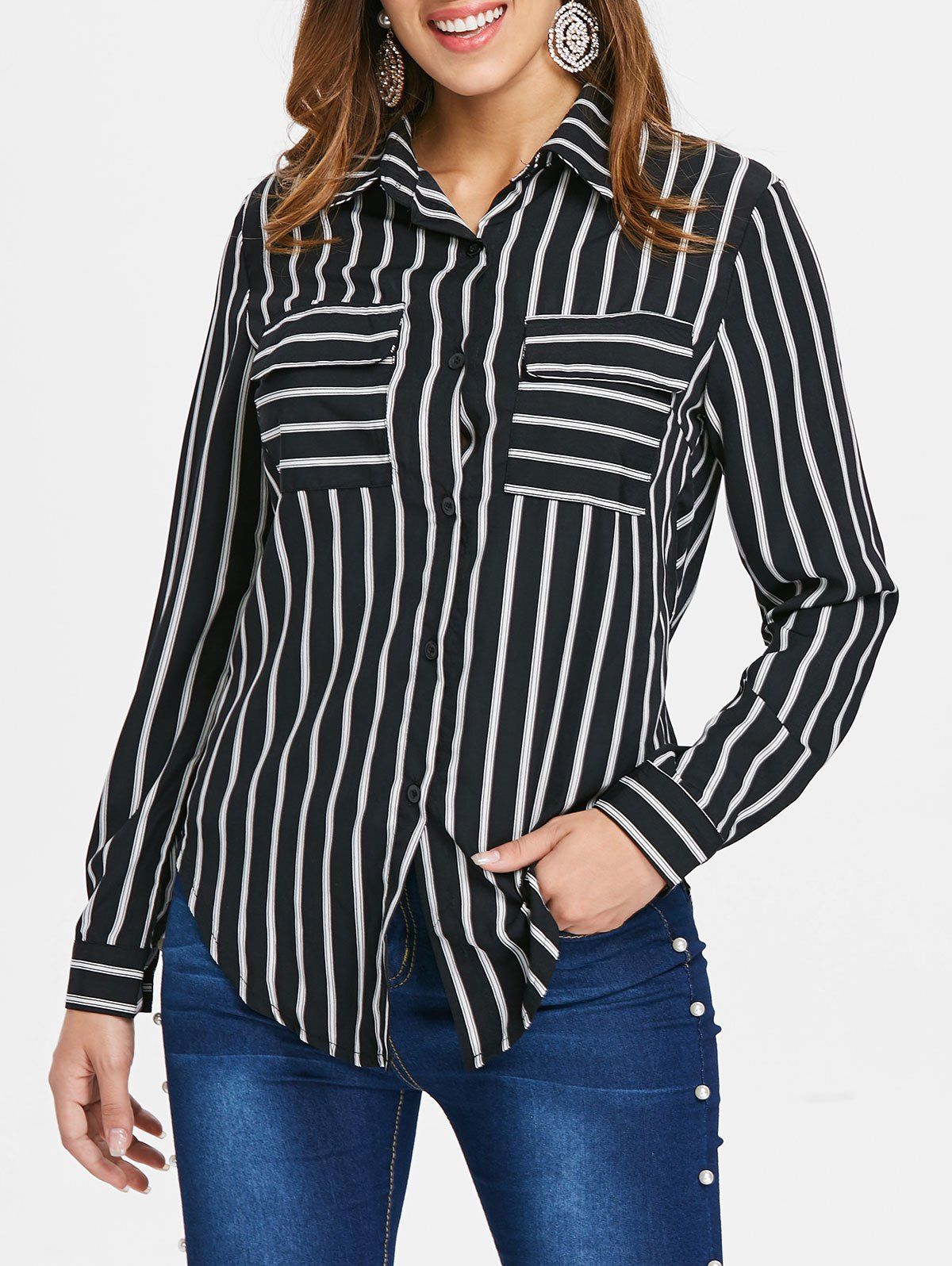 

Striped Front Pockets Shirt, Black