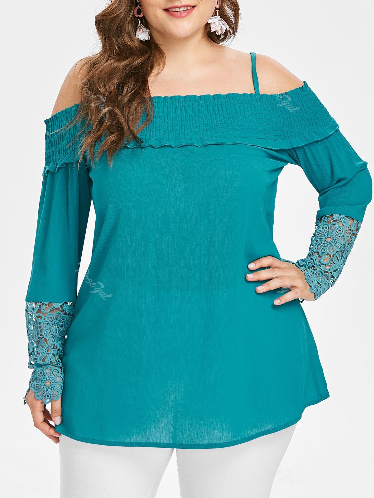 

Lace Panel Sleeve Plus Size Open Shoulder Blouse, Macaw blue green