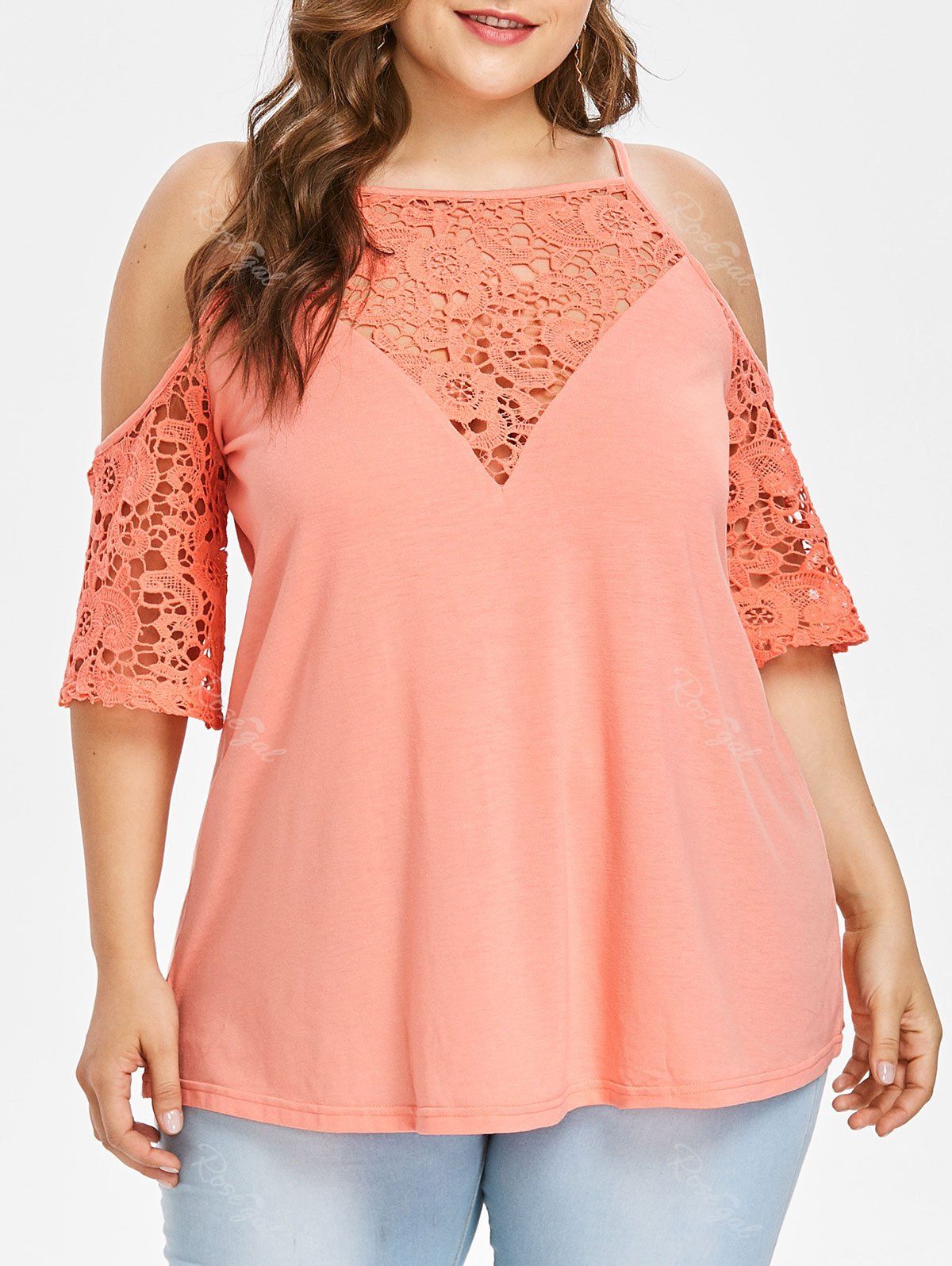 

Plus Size Cutwork Lace Open Shoulder T-shirt, Orange