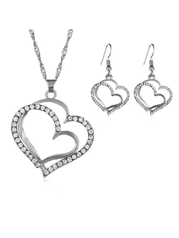 

Rhinestone Heart Shape Necklace Hook Earrings Set, Silver