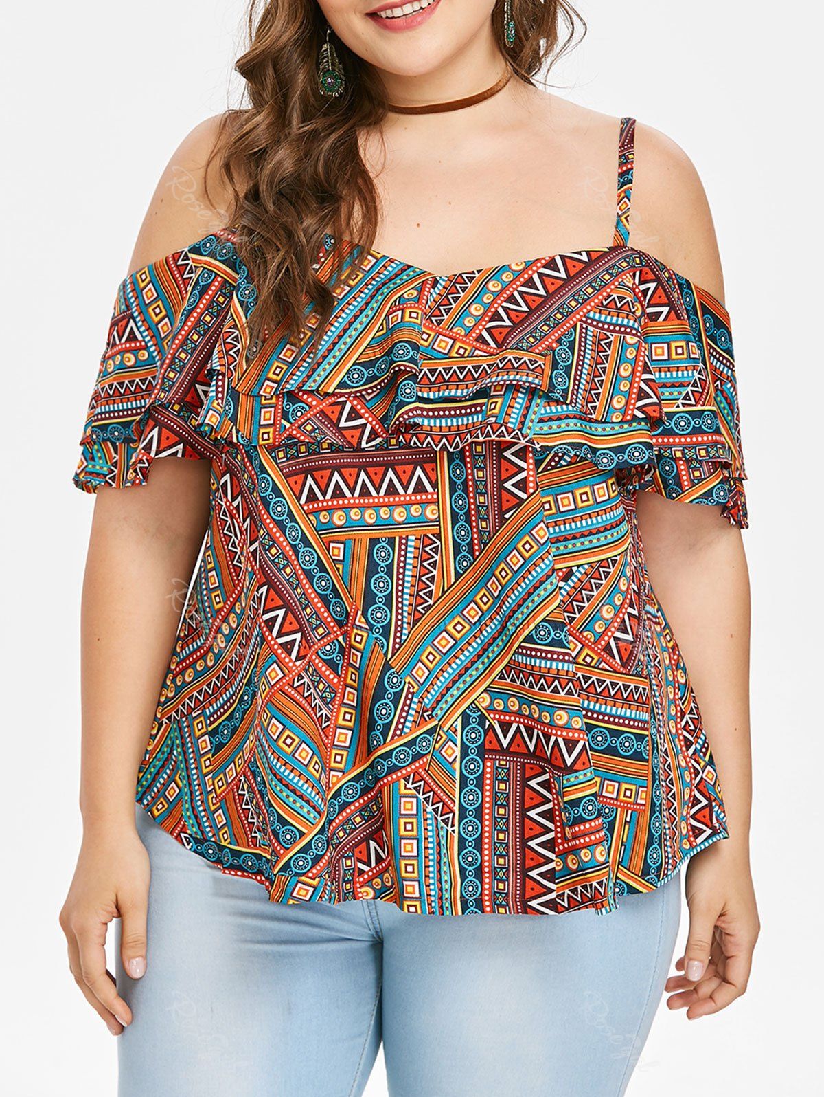 

Ethnic Print Plus Size Ruffle Insert Blouse, Multi