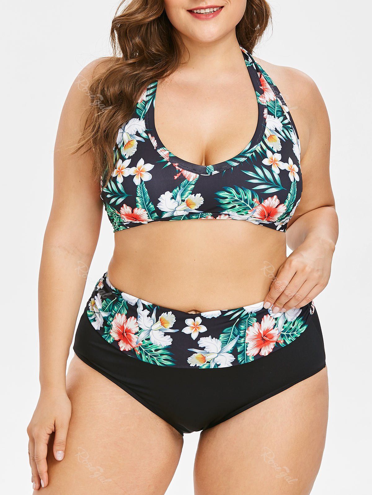 

Halter Neck Plus Size Floral Print Bikini Set, Black