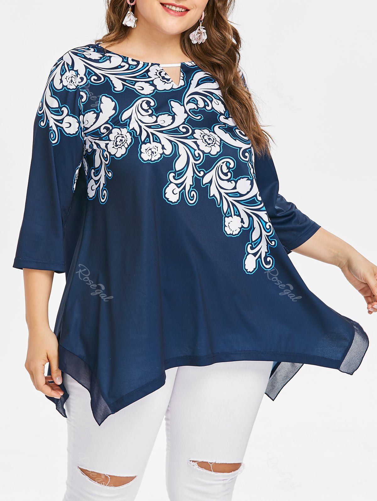 

Plus Size Keyhole Paisley Print Handkerchief Top, Cadetblue