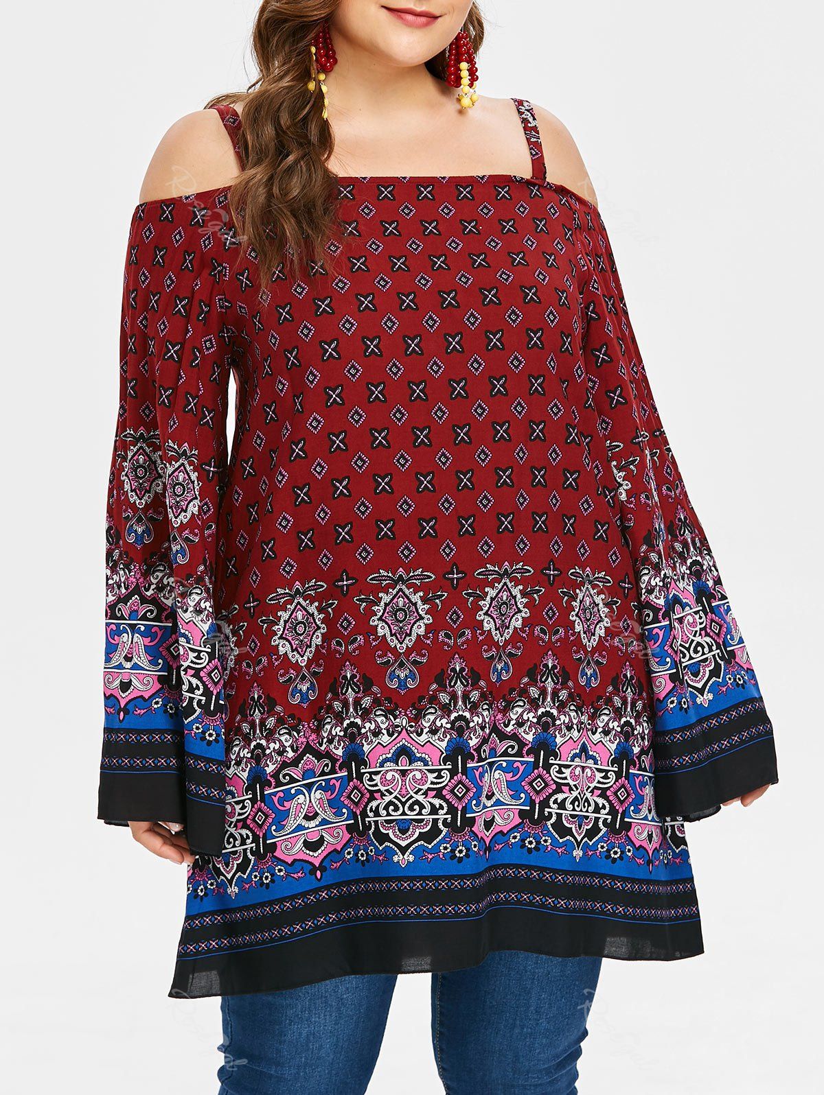 

Plus Size Cold Shoulder Ethnic Print Blouse, Chestnut red