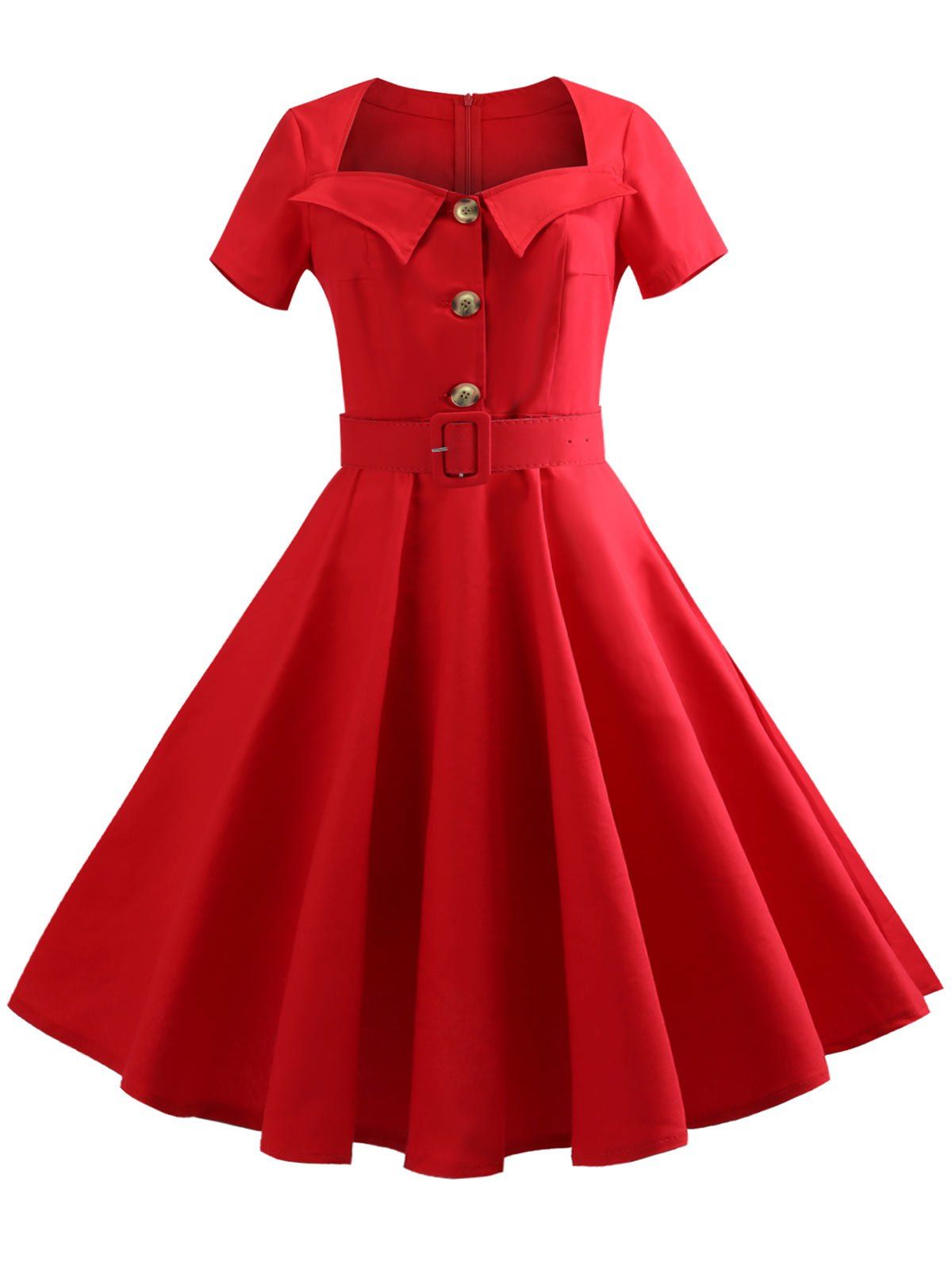 

Sweetheart Neck Button Embellished Vintage Dress, Red