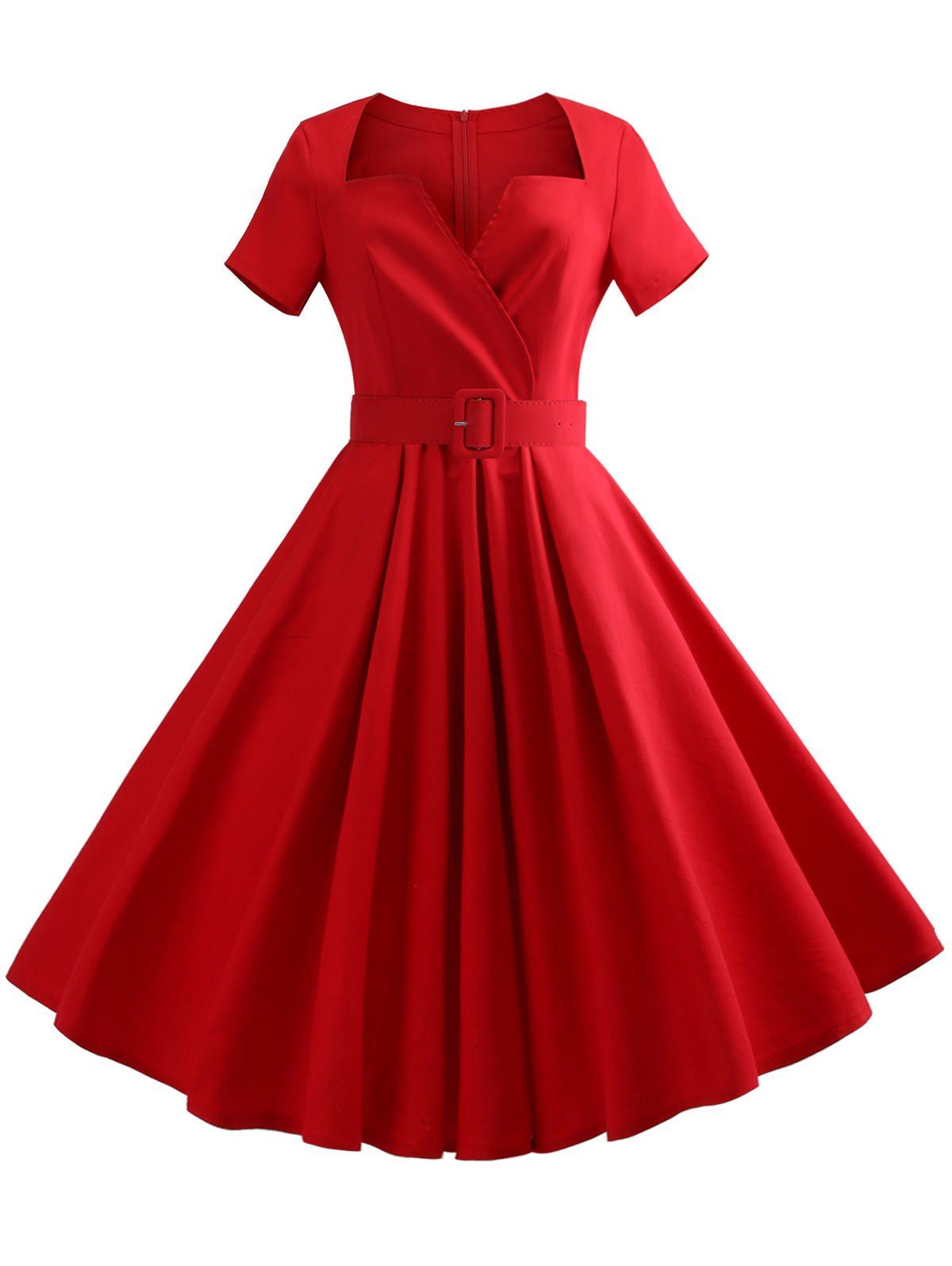 

V Neck Vintage Dress with Belt, Lava red