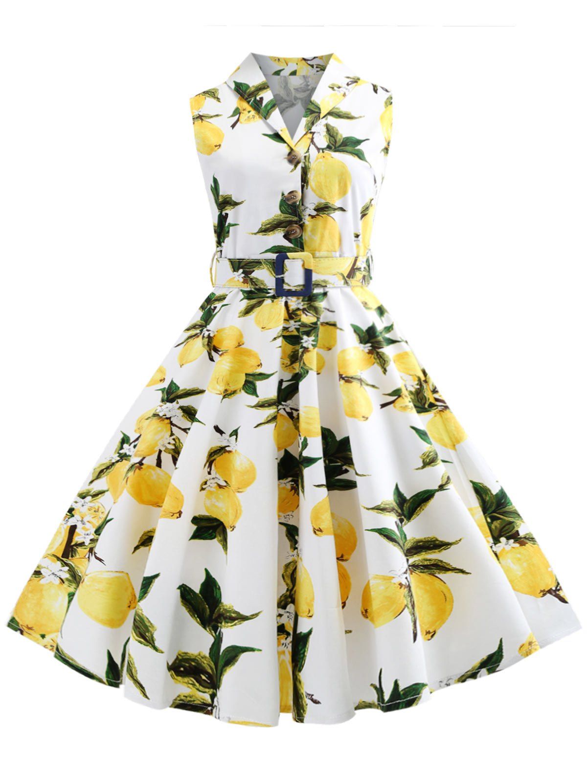 

Lemon Print Button Embellished Vintage Dress, Milk white