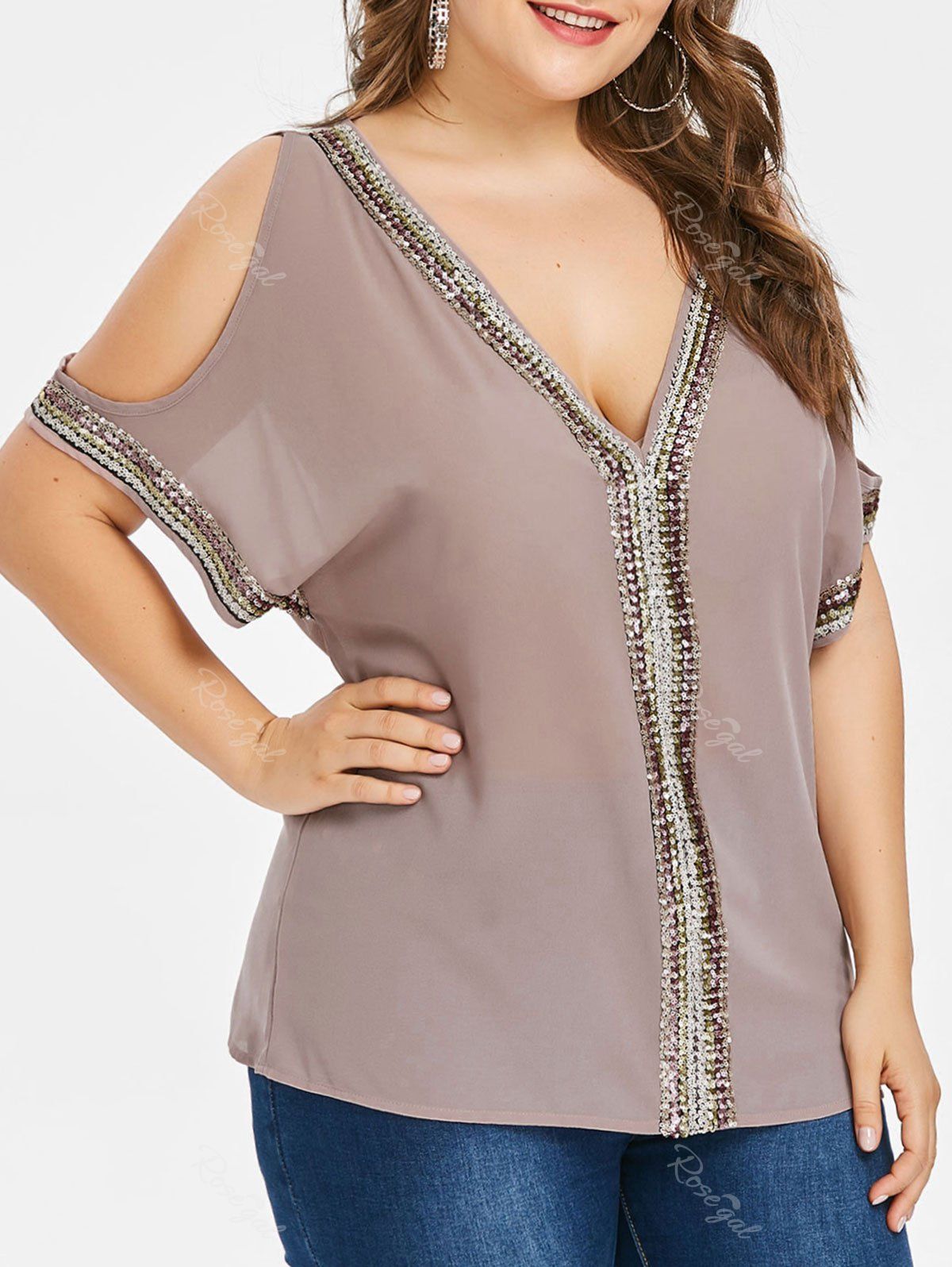 

Plus Size Sequins Plunging Cold Shoulder Blouse, Light coffee