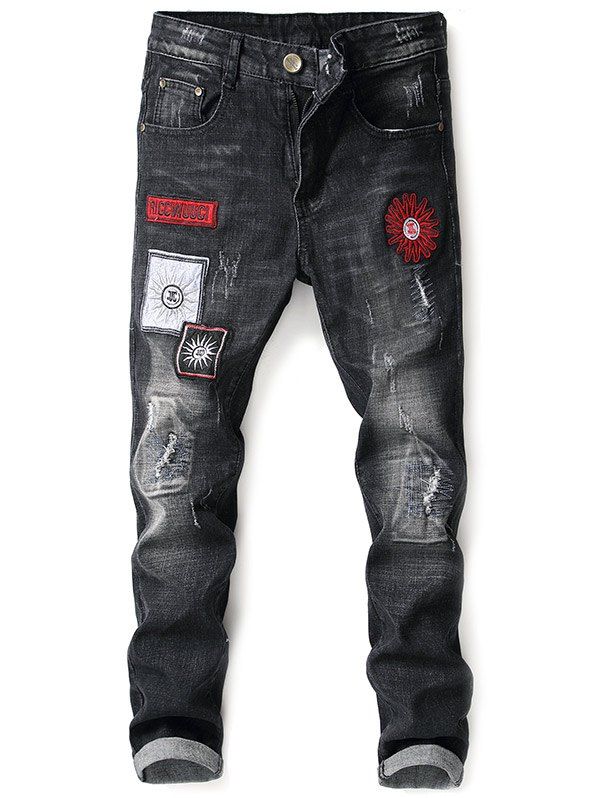 

Floral Embroidery Five Pockets Jeans, Black