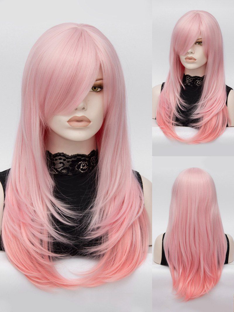 

Long Oblique Bang Layered Colormix Straight Lolita Synthetic Wig, Light pink