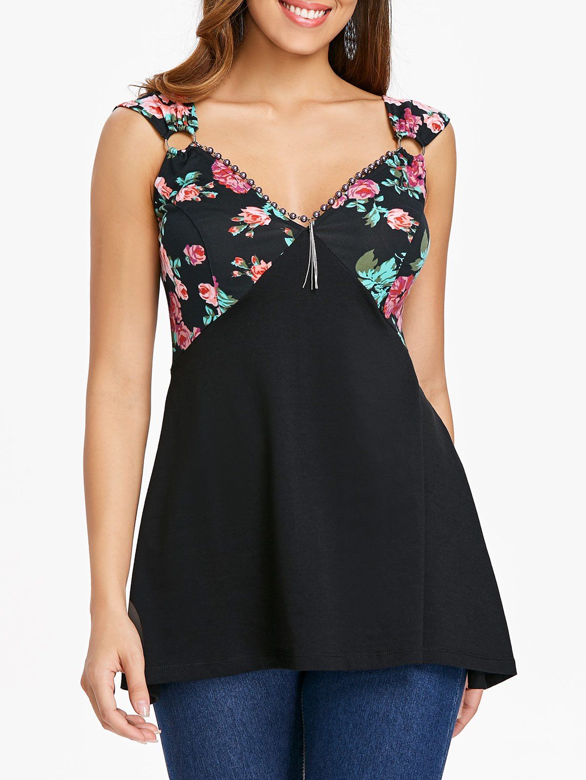 

Plunging Neck Floral Print Tank Top, Black