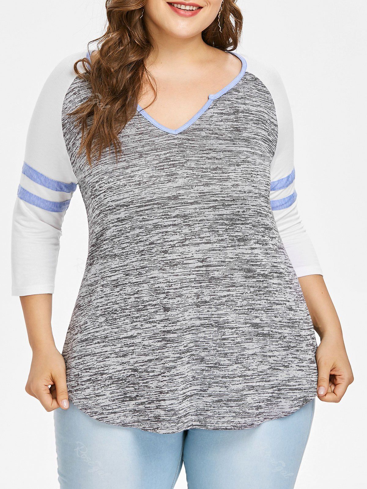 

Plus Size Striped V Neck Baseball T-shirt, Gray
