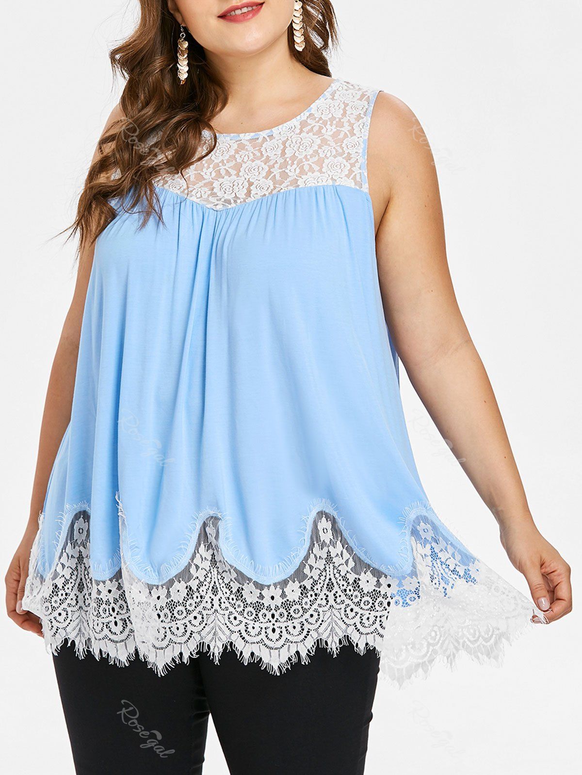 

Lace Panel Plus Size Round Neck Tank Top, Sky blue