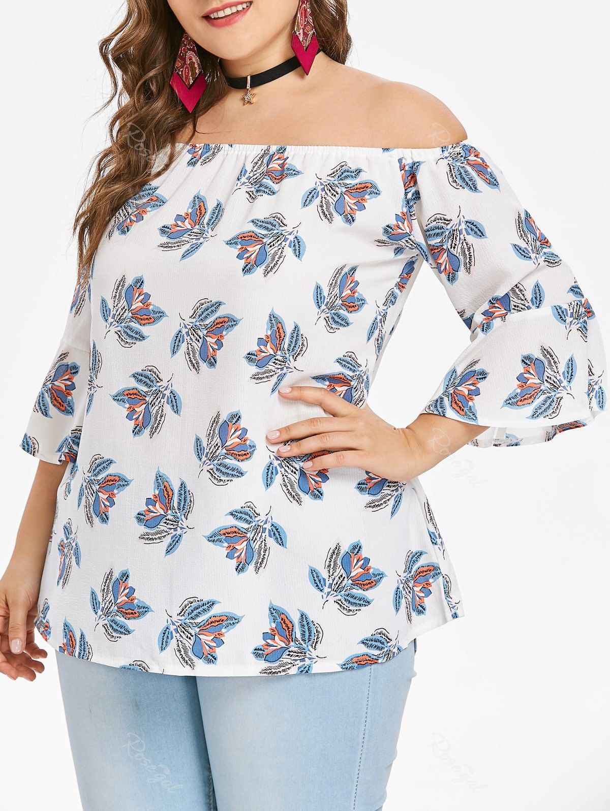 

Plus Size Bell Sleeve Floral Print Plain Blouse, Milk white