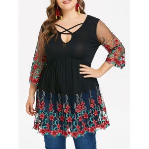 

Plus Size Embroidery Keyhole Neck T-shirt, Black