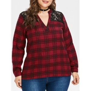 

Plus Size Lace Trim Plaid Blouse, Red