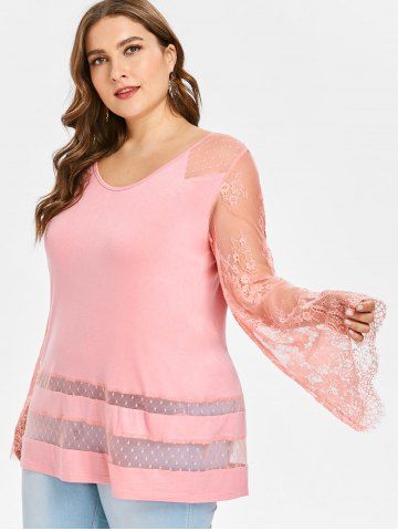 

Rosegal Plus Size Lace Trim Flare Sleeve T-shirt, Light pink