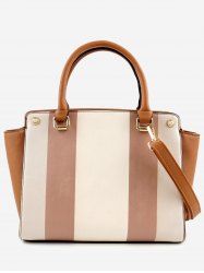 Color Block PU Leather Striped Handbag with Strap -  