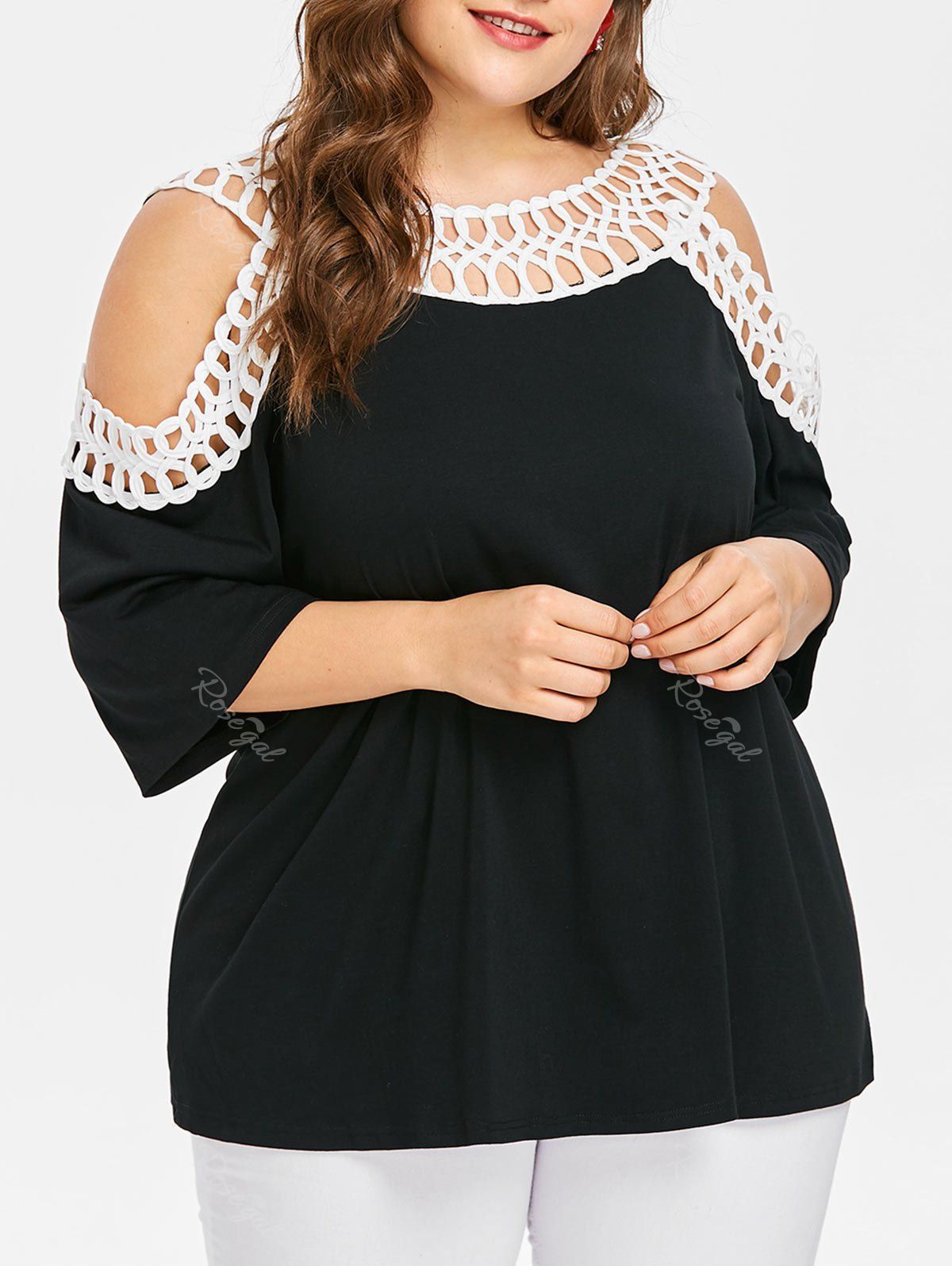 

Plus Size Color Block Cold Shoulder T-shirt, Black