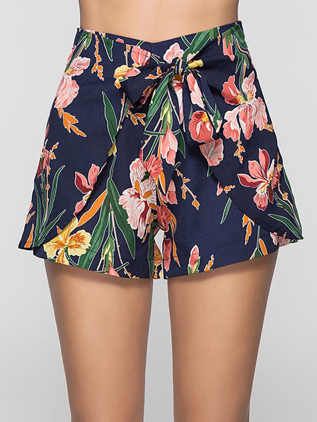 

Floral Print Self Tie Shorts, Deep blue