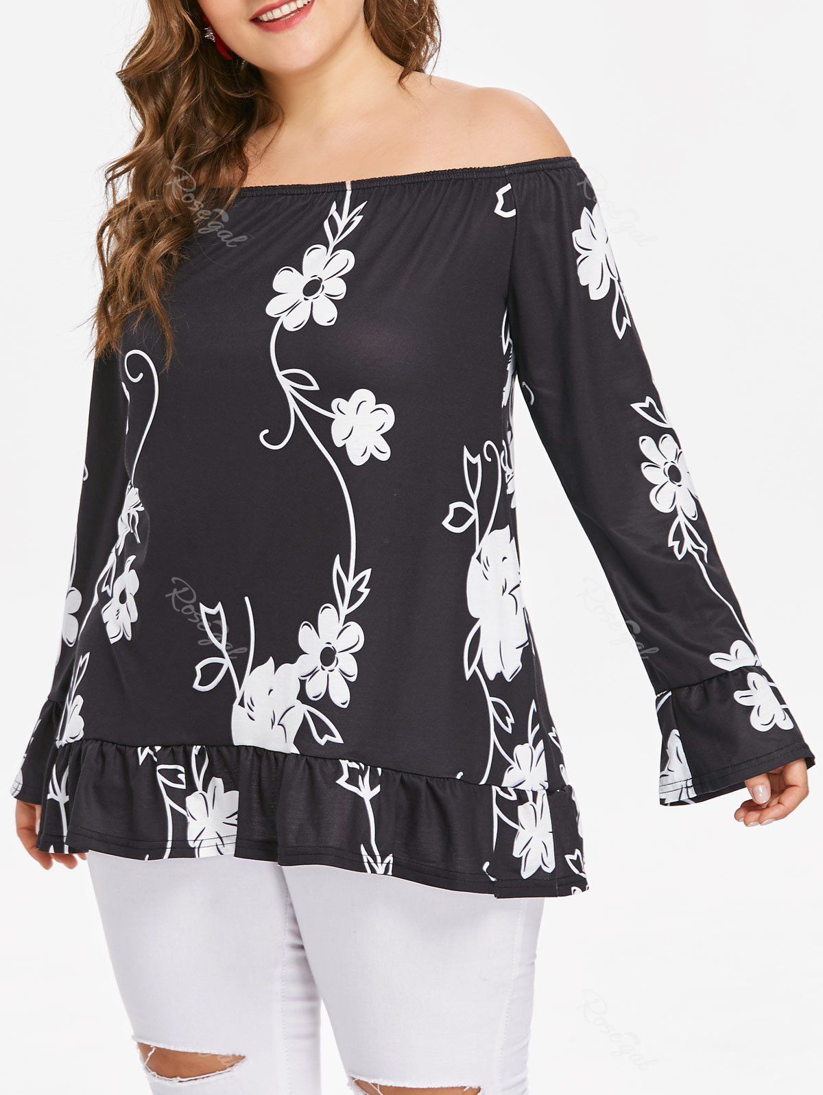 

Plus Size Off Shoulder Flounce Blouse, Black