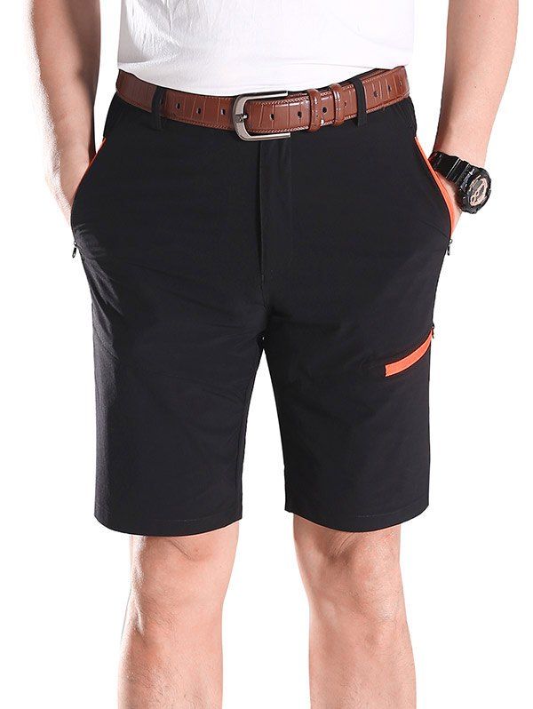 

Contrast Color Zip Fly Sports Shorts, Black
