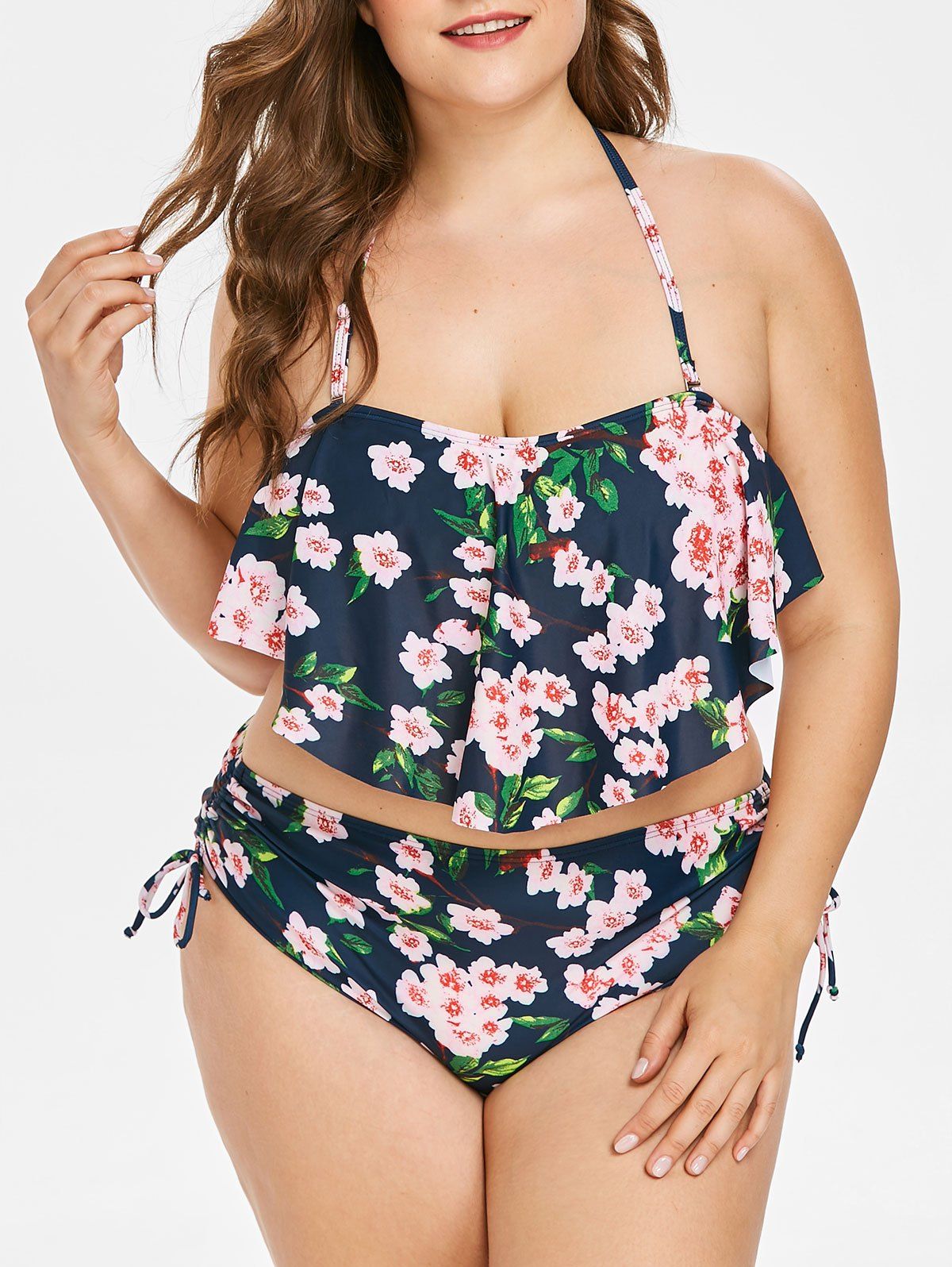 Plus Size Print Halter Overlay Bikini Set, Deep blue