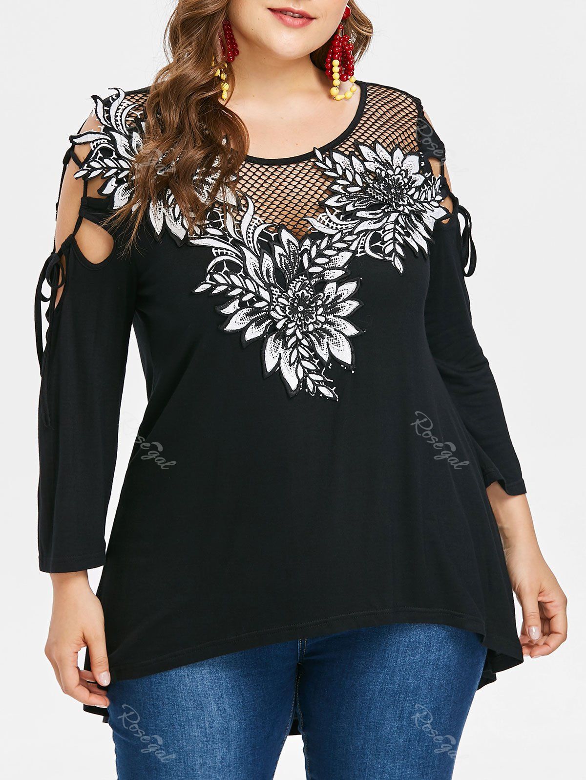 

Plus Size Fishnet Trim Appliqued T-shirt, Black