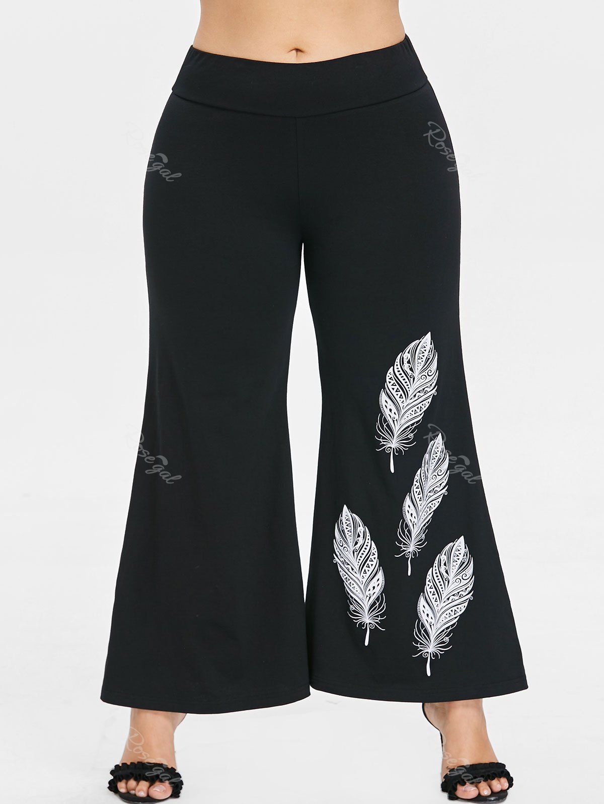 

Plus Size Feather Print Bell Bottom Pants, Black