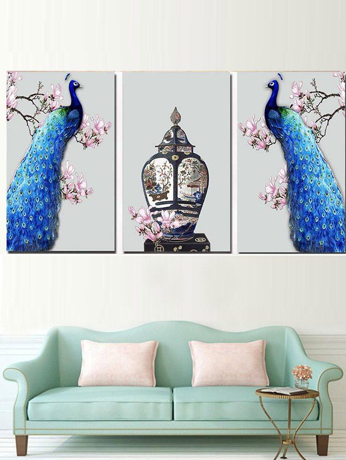 

Standing Flower Branches Peacocks Printed Split Canvas Paintings, Multi