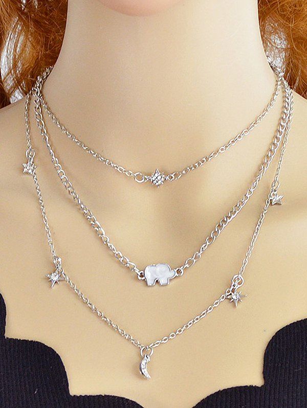 

Layered Moon Star Rhinestone Alloy Necklace, Silver