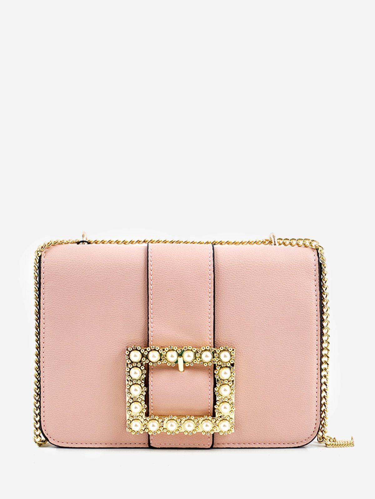 

Flap Buckled Faux Pearl Crystal Embellished Chain Bag, Pink