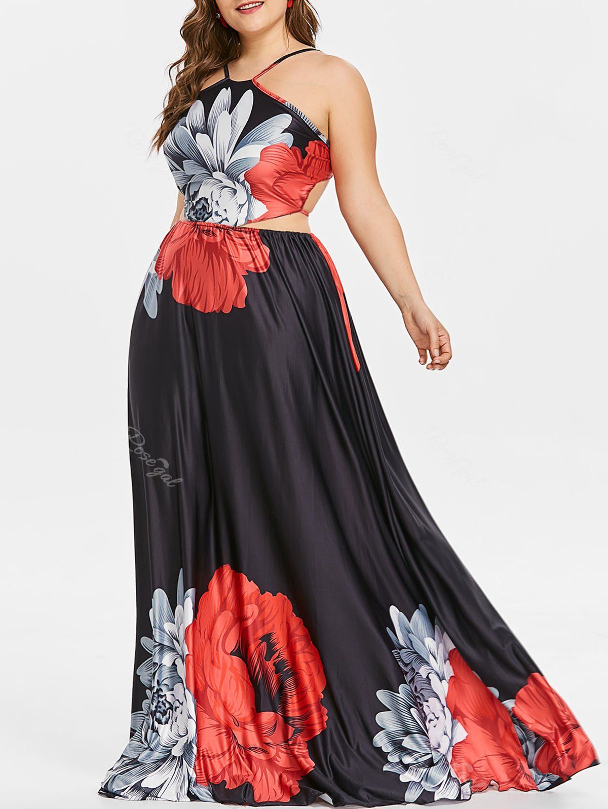 

Plus Size Backless Print Maxi Dress, Black