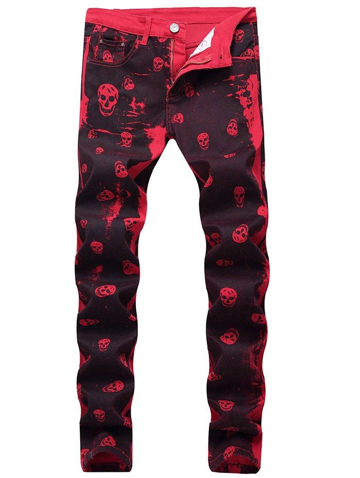 

Zip Fly Skull Print Jeans, Red