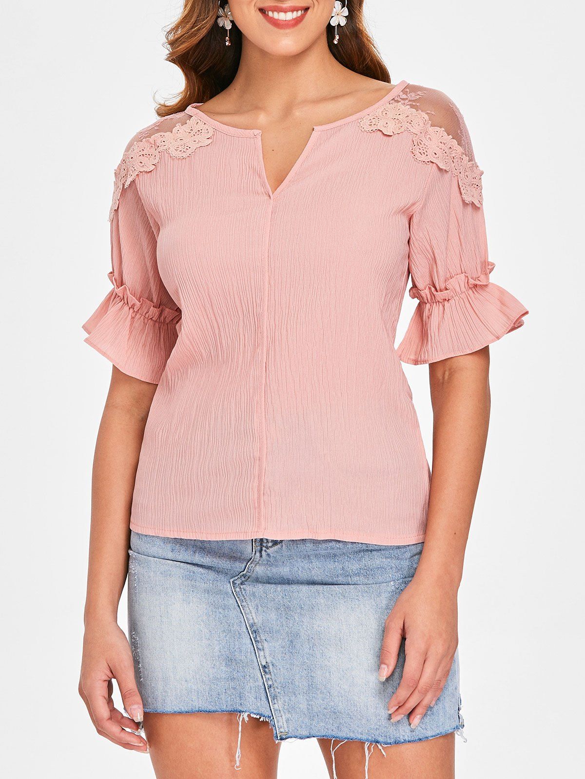

Lace Panel Crinkle Blouse, Orange pink