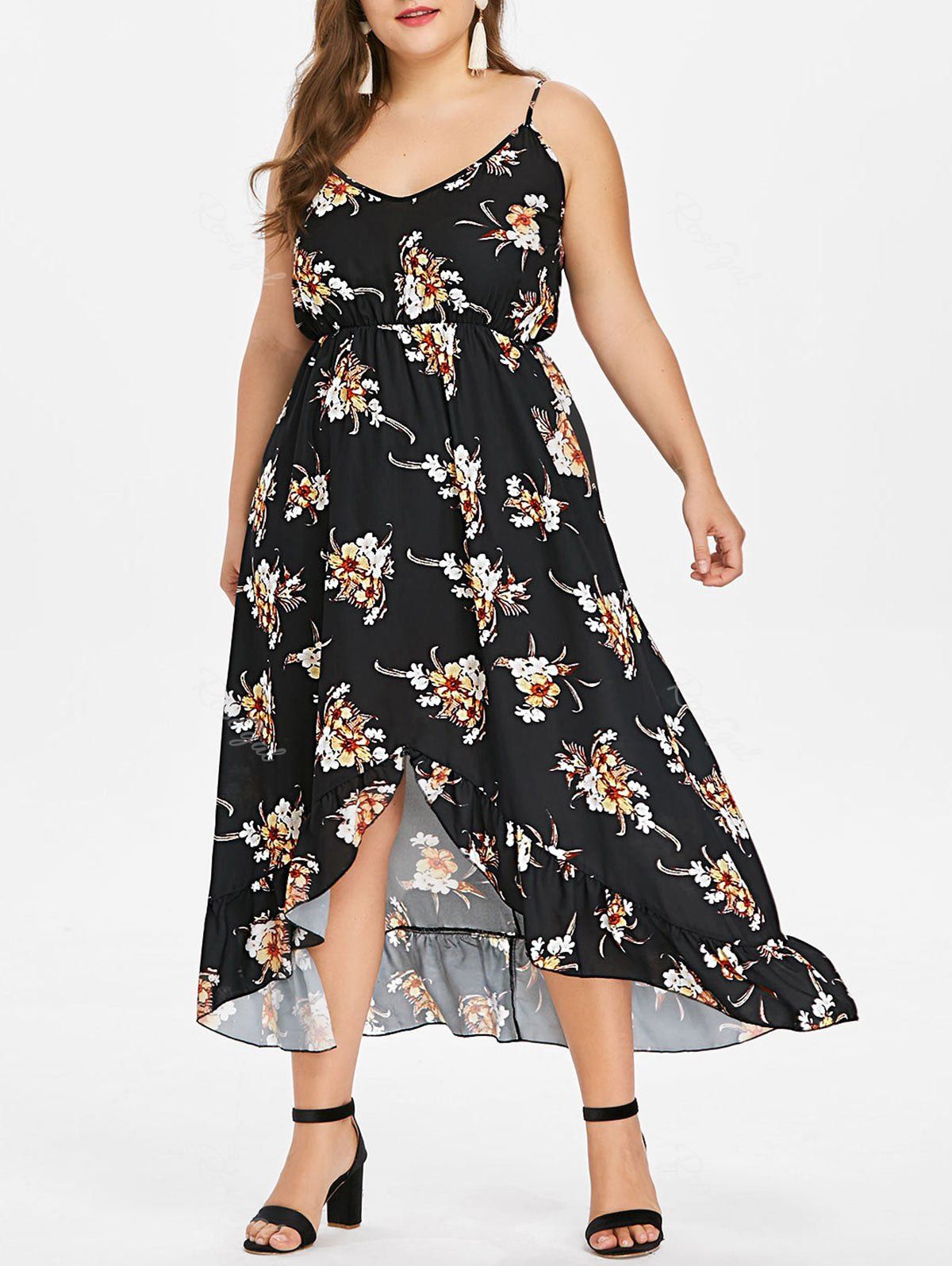 

Plus Size Print Flounce Spaghetti Strap Dress, Black