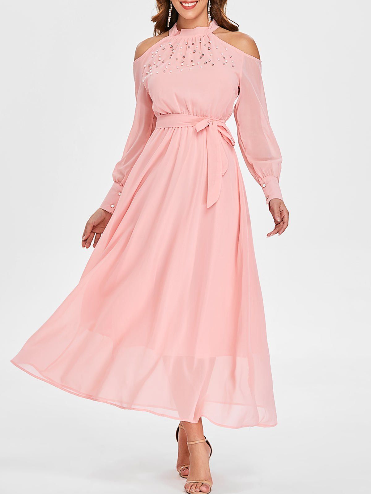 

Cold Shoulder Beaded Front Maxi Chiffon Dress, Pink