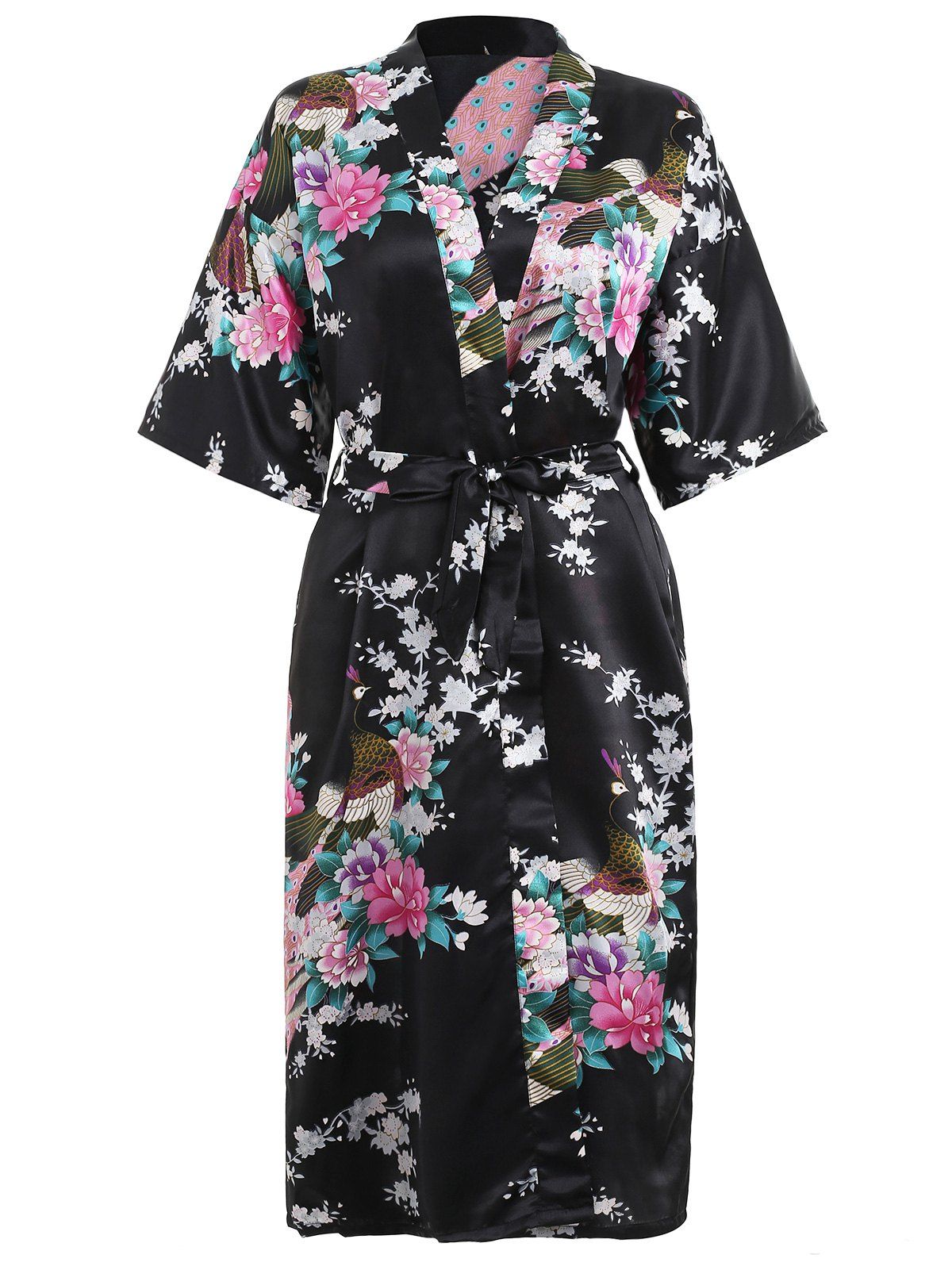 

Flower Printed Sleeping Robe with Belt, Black