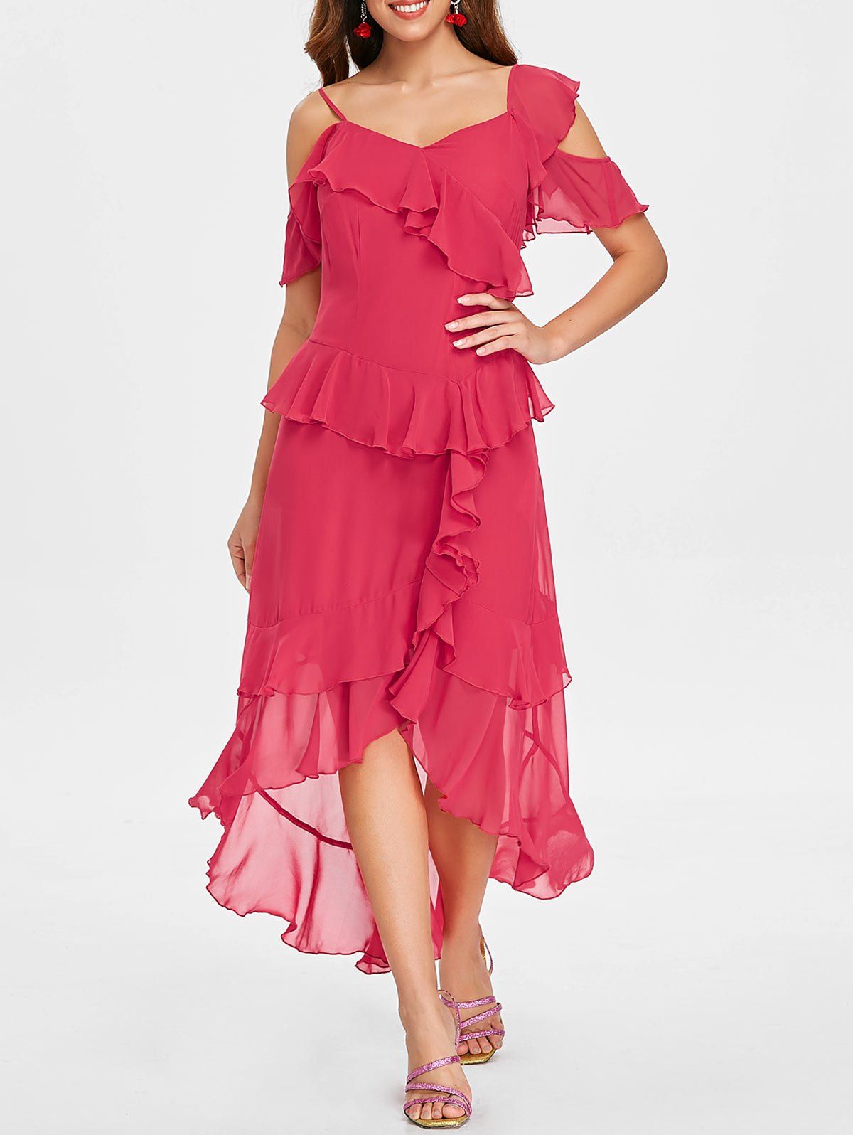 

Asymmetric Layer Ruffle Faux Wrap Midi Dress, Red