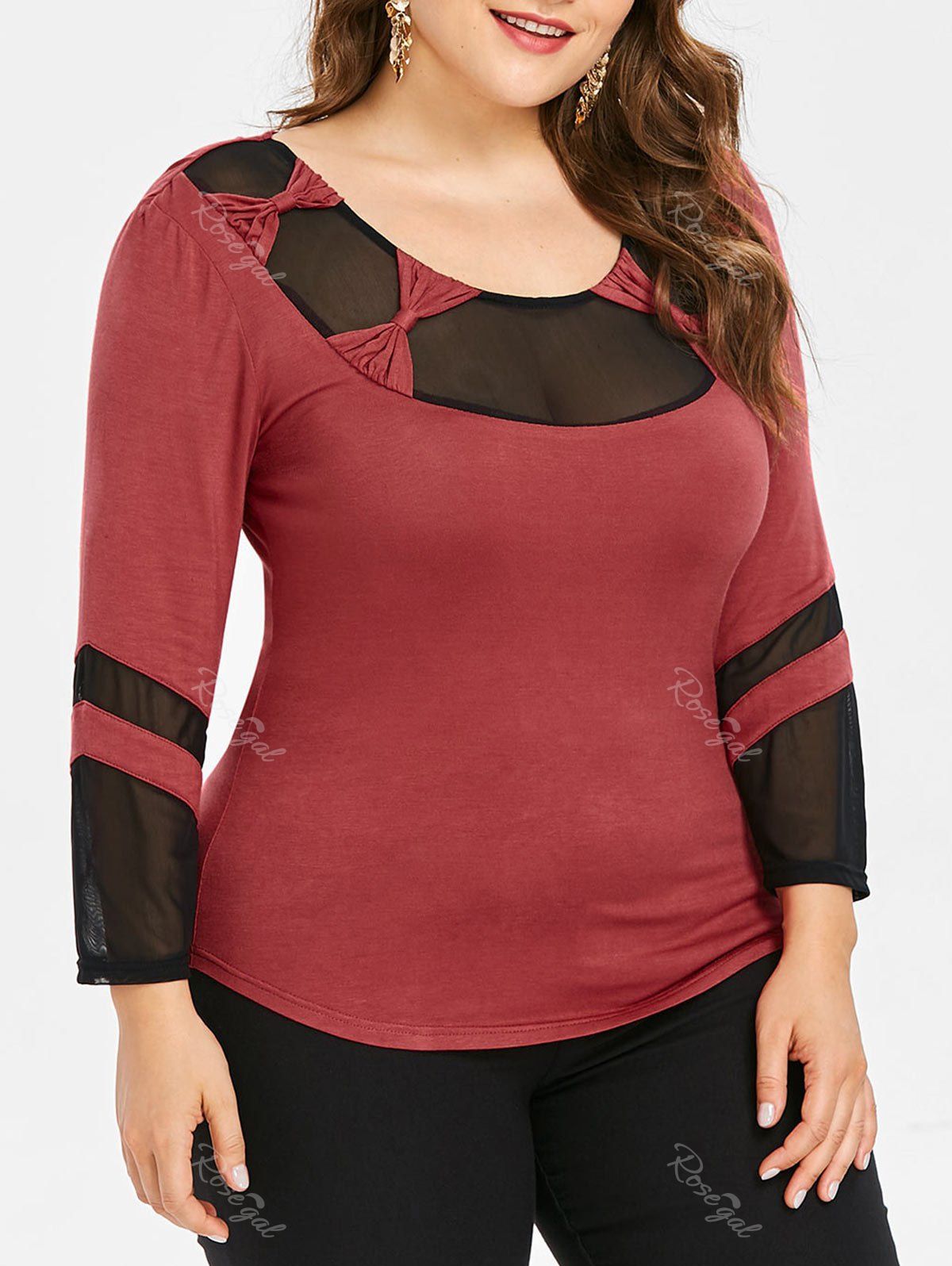 

Plus Size Two Tone See Thru Bowknot T Shirt, Cherry red