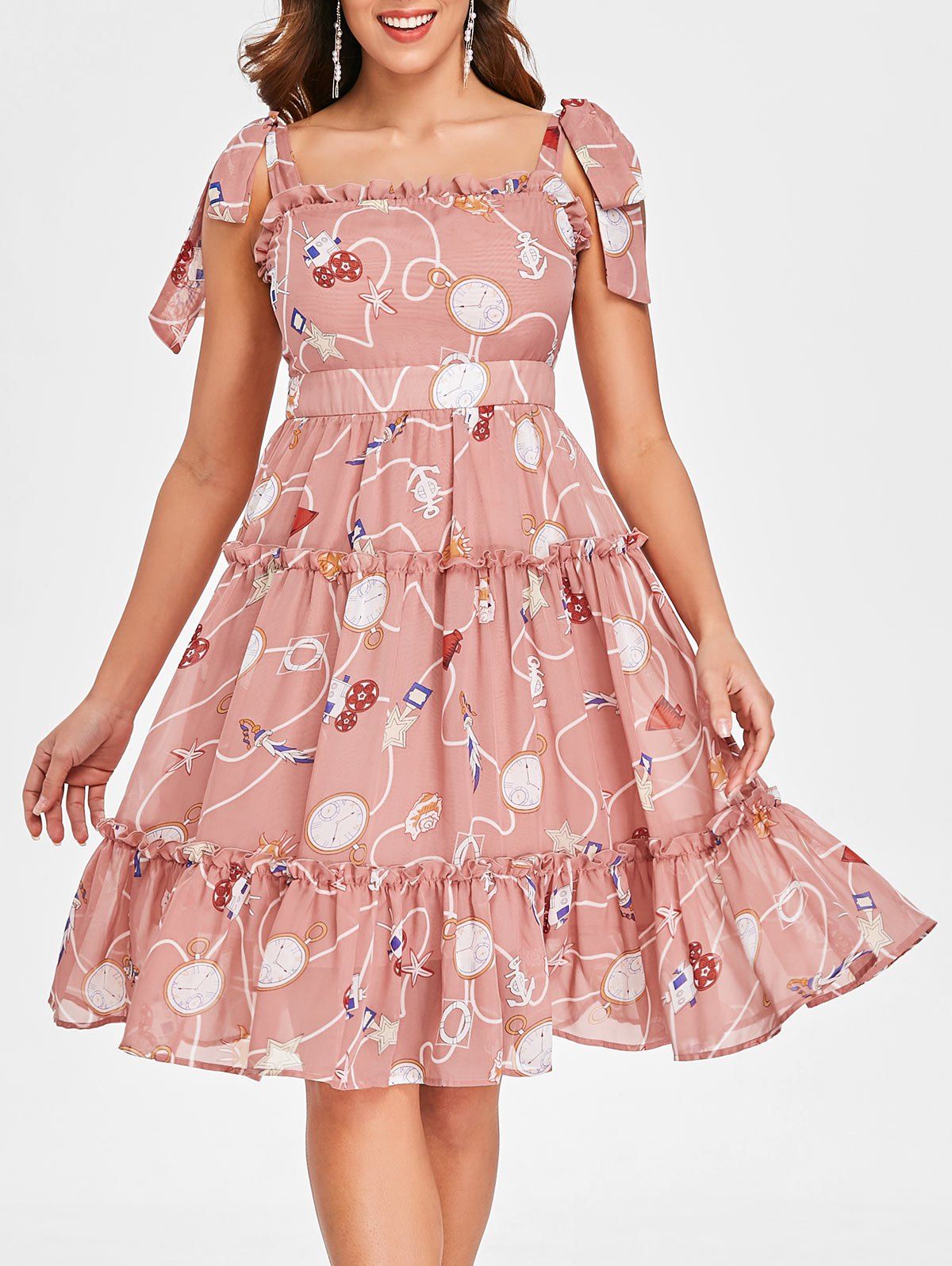 

Print Ruffle Midi Dress with Tie-up Shoulders, Pink