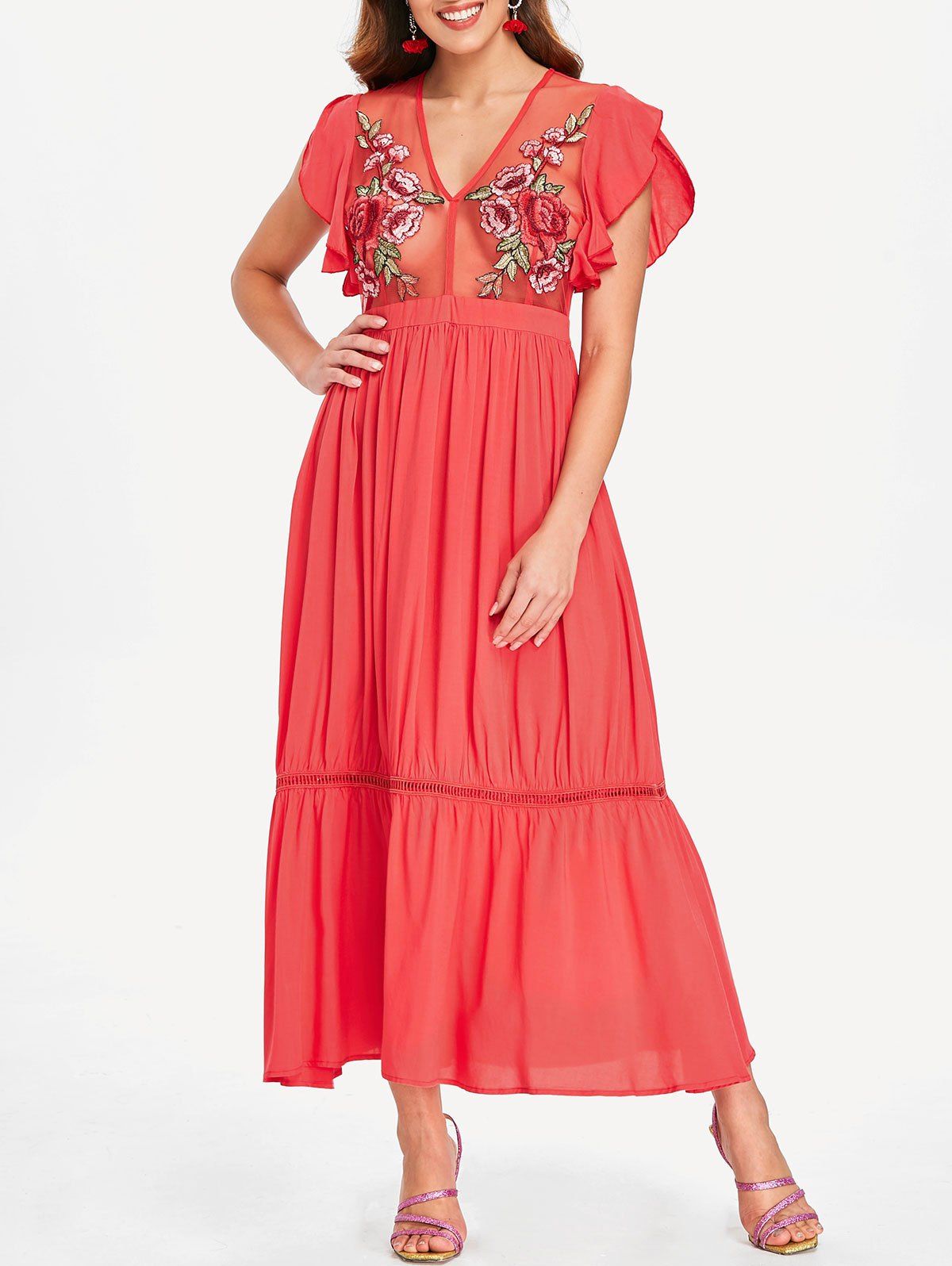 

Flutter Sleeve Embroidered Mesh Dress, Bean red
