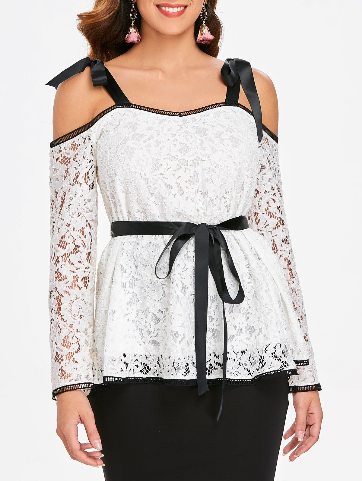 

Self Tie Cold Shoulder Lace Blouse, White