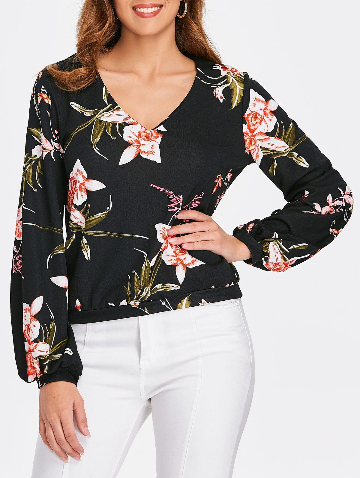 

Floral Print Long Sleeve Blouse, Black