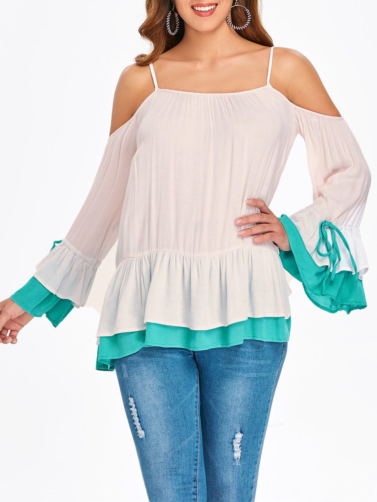 

Color Trim Cold Shoulder Peplum Blouse, Sakura pink