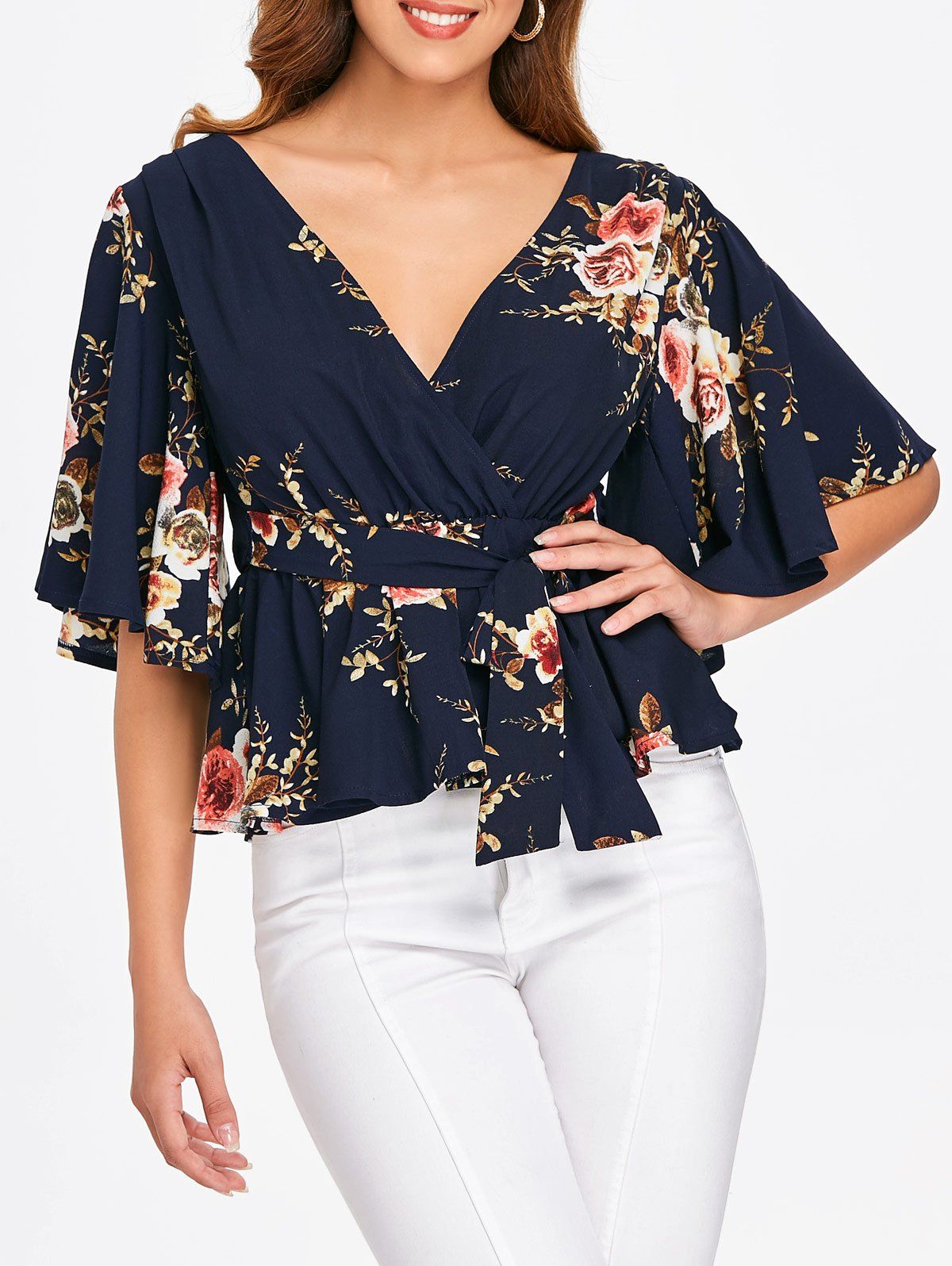 

Floral Print Faux Wrap Blouse, Midnight blue