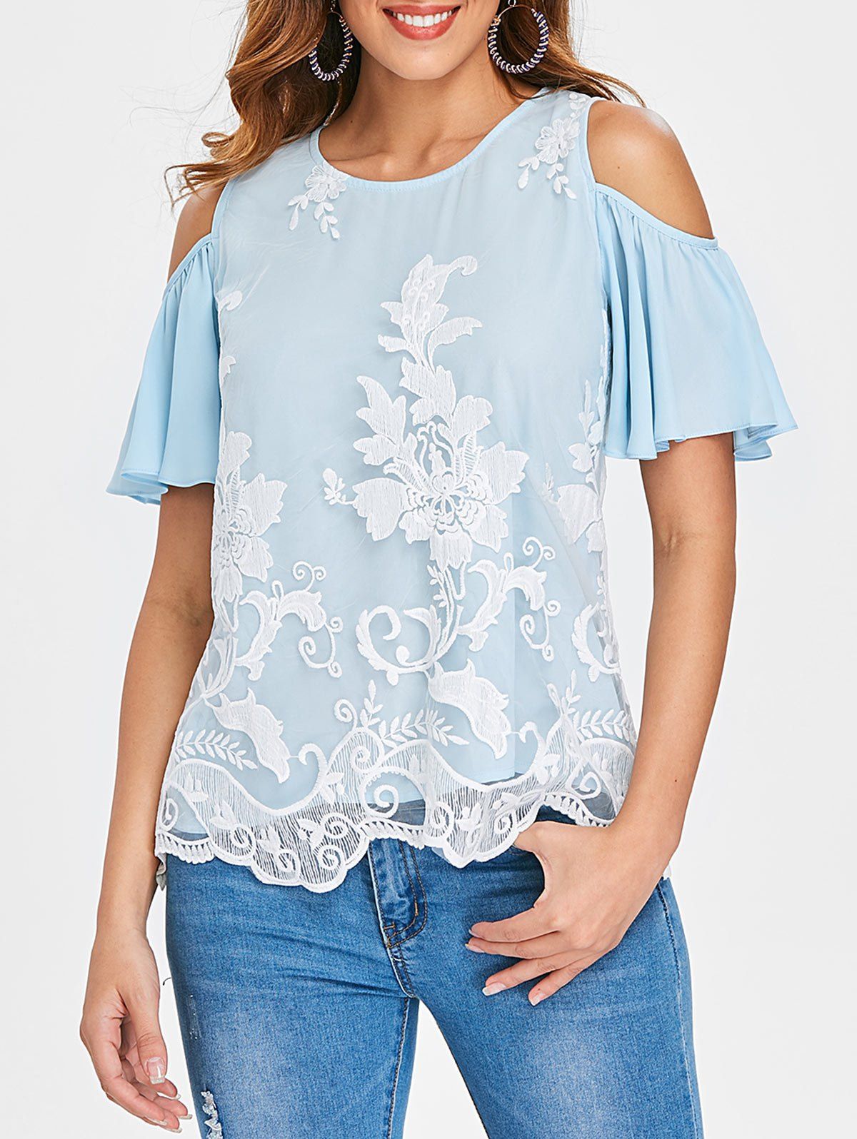 

Cold Shoulder Mesh Overlay Blouse, Light blue