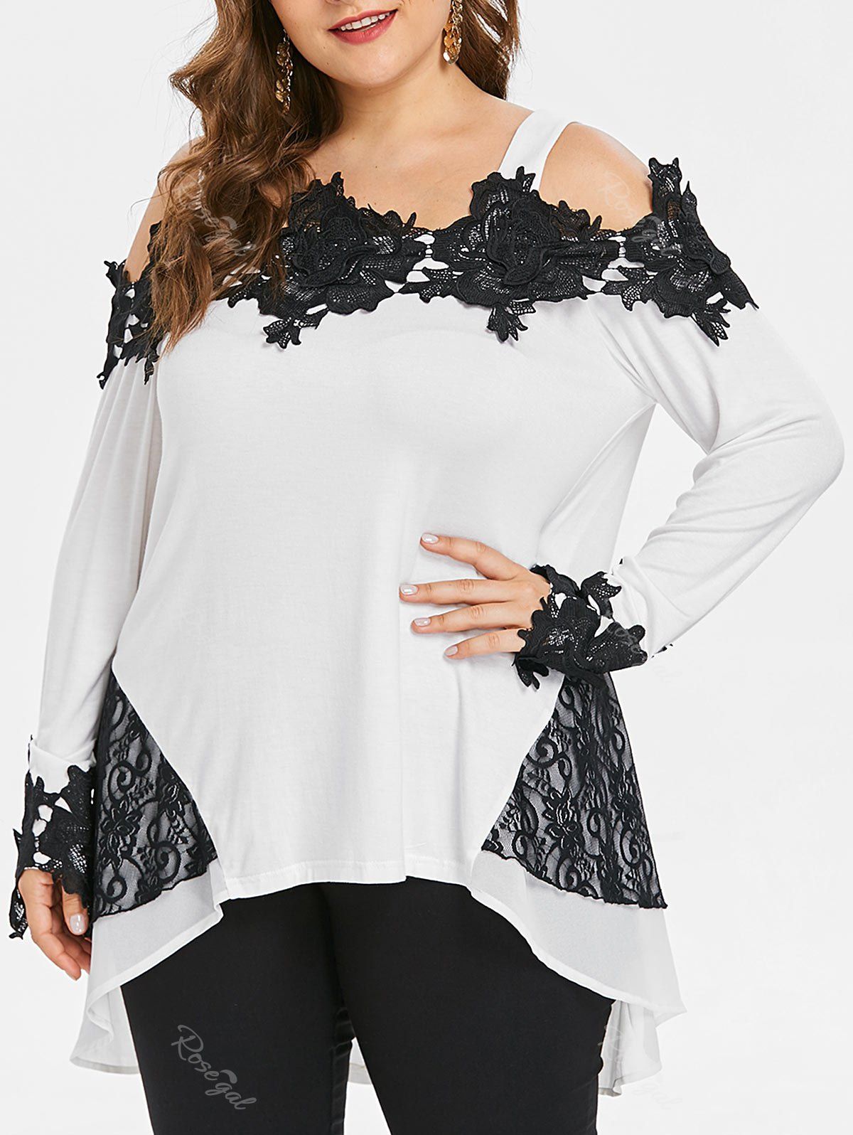 

Plus Size Lace Trim Square Neck T-shirt, White